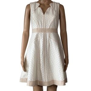 Ann Taylor Petite White Eyelet Lace Fit & Flare Dress Champagne Trim 2P NEW